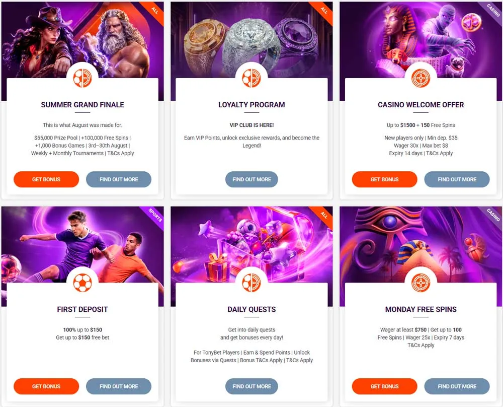 TonyBet casino bonuses